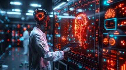 Medical innovation. Calm smart enthusiastic doctor using amazing futuristic technologies while working at the new important research