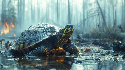 A lone turtle spotted in a deforested area of natural habitat. seeking refuge amid environmental damage and biodiversity loss of forest fire  - obrazy, fototapety, plakaty