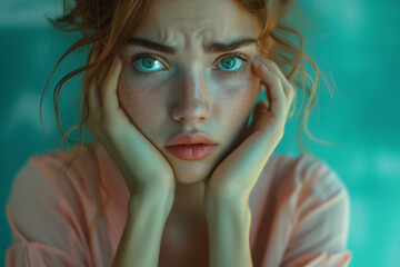 A portrait of a surprised young redhead woman, her eyes wide and hands framing her face, against a teal background.
