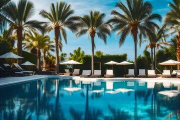 Fototapeta na wymiar Beautiful swimming pool with palm trees for holiday relaxation