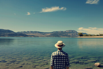 Fototapeta premium Man in plaid shirt and straw hat observing a tranquil mountain lake on a clear day. View from the back