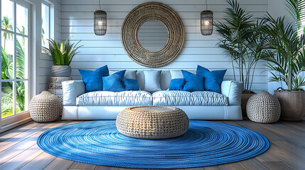 Fototapeta na wymiar A coastal entryway adorned with shiplap walls and a pop of vibrant blue, capturing the essence of seaside living in interior decor.