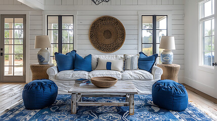 A coastal entryway adorned with shiplap walls and a pop of vibrant blue, capturing the essence of seaside living in interior decor. - obrazy, fototapety, plakaty