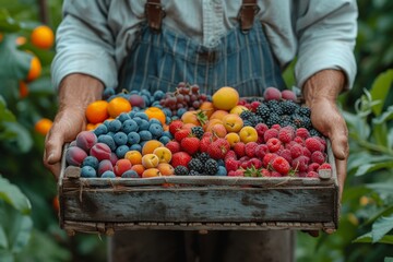 Farmer holding a crate of fresh mixed fruits, organic, harvest, agriculture, variety, healthy food. - Powered by Adobe