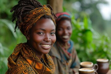 Smiling young African women with traditional headscarves and coffee - obrazy, fototapety, plakaty
