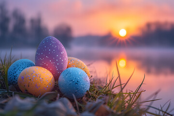 A picturesque Easter sunrise over a tranquil lake with Easter eggs. - obrazy, fototapety, plakaty