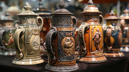 Fototapeta na wymiar Intricate and elaborate steins featuring detailed designs and engravings are on display at vendors booths tempting festivalgoers to add another unique piece to their collections.