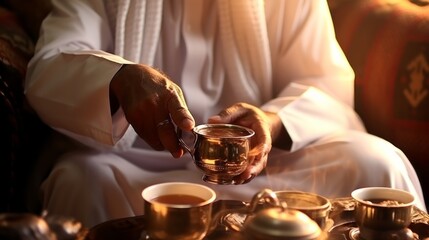 Close-up of an Arab man with a cup of coffee at the table.