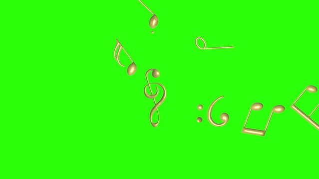 Musical notes signs elements, gold textured, on green screen chroma key animation