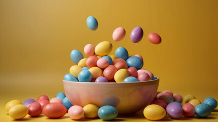 Fototapeta na wymiar Easter candy. Multicolored sugar coated eggs filled with sugar syrup various flavors.