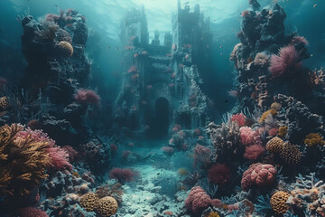 A mystical underwater kingdom with vibrant coral reefs and ancient castle ruins.