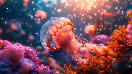 Underwater Wonderland: Colorful Fish, Jellyfish, and Corals with Magical Light