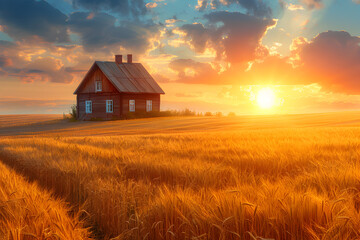 A rustic farmhouse with a golden wheat field and colorful sunset prairie.