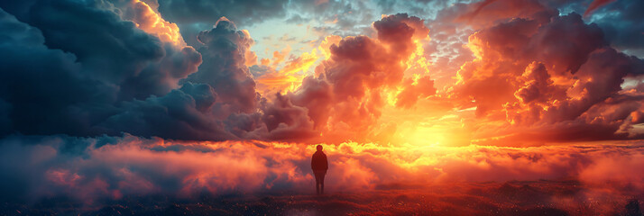 Fiery cloudscape at sunset with lone figure. Digital art vision of ethereal sky and contemplation concept. Design for poster, wallpaper, and print - obrazy, fototapety, plakaty