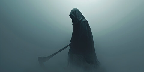Grim Reaper's Arrival: A Hooded Figure with a Scythe Emerging from the Mist. - obrazy, fototapety, plakaty