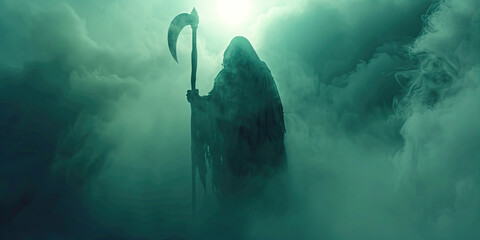 Grim Reaper's Arrival: A Hooded Figure with a Scythe Emerging from the Mist. - obrazy, fototapety, plakaty