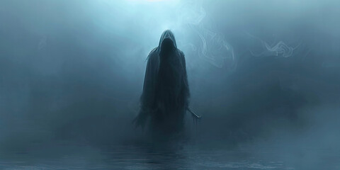 Fototapeta premium Grim Reaper's Arrival: A Hooded Figure with a Scythe Emerging from the Mist.