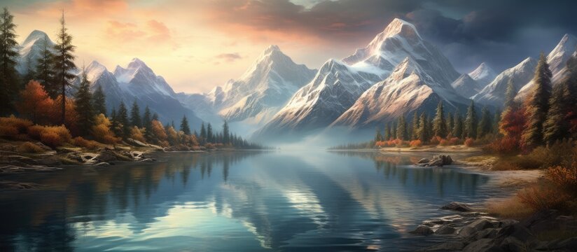 A painting depicting a mountain lake surrounded by towering pine trees. The serene lake reflects the majestic mountains, creating a breathtaking composition in nature.