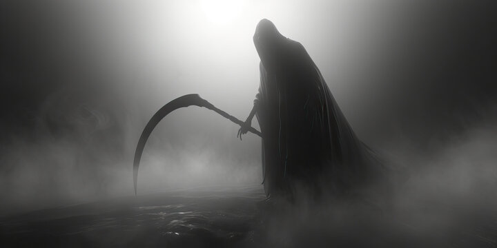 Grim Reaper's Arrival: A Hooded Figure with a Scythe Emerging from the Mist.