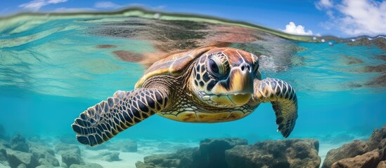 A sea turtle gracefully swims through the clear waters of the Maui ocean. The turtles flippers propel it forward as it navigates the underwater world. - obrazy, fototapety, plakaty