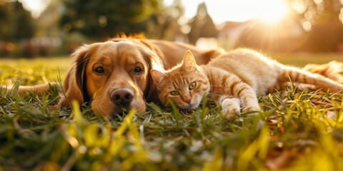 dog and cat lie on the grass Generative AI - obrazy, fototapety, plakaty