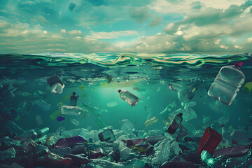 Verschmutztes Paradies: Müll im/am Meer als Warnung vor Umweltverschmutzung - obrazy, fototapety, plakaty