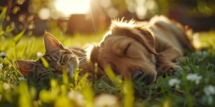dog and cat lie on the grass Generative AI