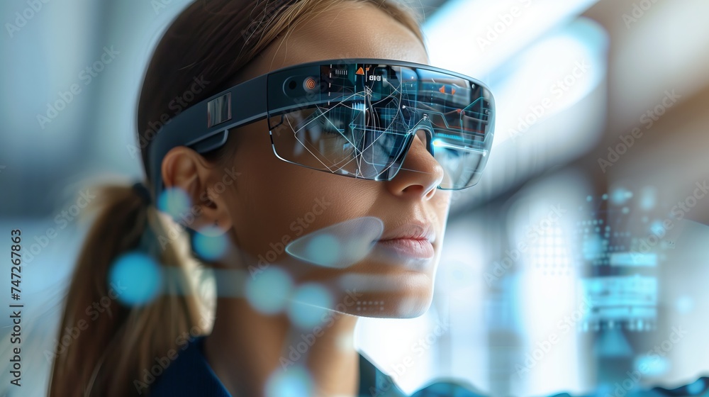 Poster view of a woman wearing high-tech smart glasses displaying an augmented reality interface.