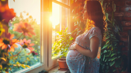 Portrait of young calm pregnant woman standing near window holding hands on her belly - obrazy, fototapety, plakaty