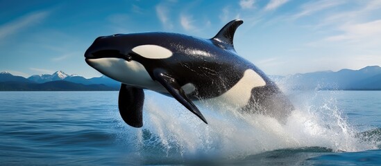 A black and white orca is seen leaping high out of the water, showcasing its stunning agility and power. The whales massive body is fully visible against the contrast of the sky, creating a striking