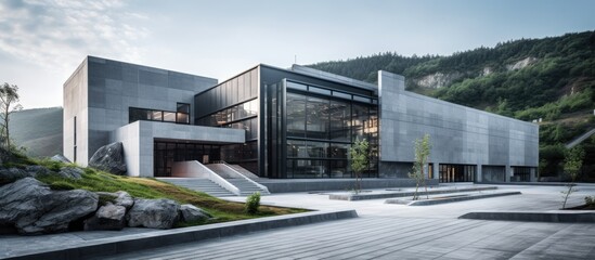 A modern factory building made of slate and schist materials, showcasing efficiency in cement manufacturing. Stairs leading up to the entrance indicate accessibility and functionality for workers and - obrazy, fototapety, plakaty