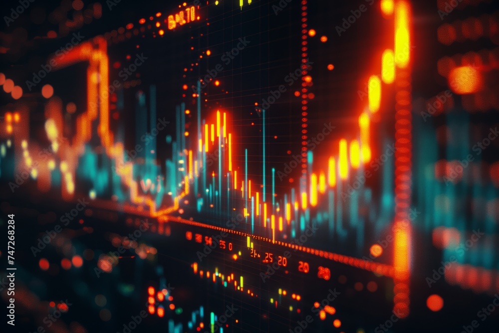 Poster digital display of stock market trends with graphs and data analysis, representing financial investm