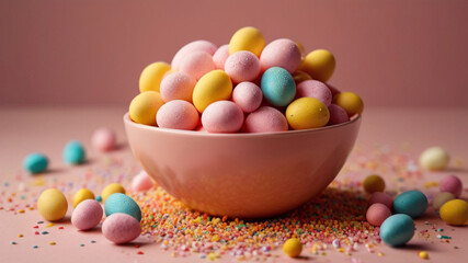 Easter candy. Multicolored sugar coated eggs filled with sugar syrup various flavors.