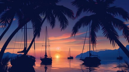 Silhouettes of palm trees with boats moored in the sea at dawn on background