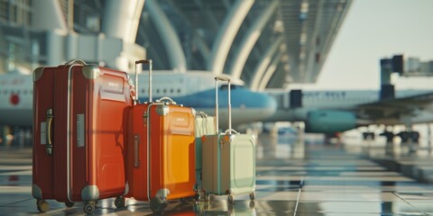 suitcases in the terminal against the background of an airplane Generative AI