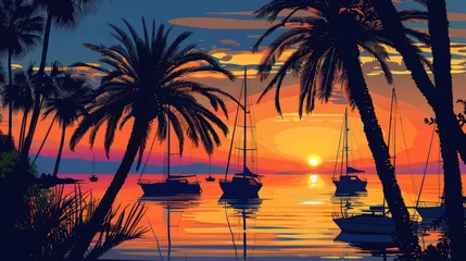 Fotobehang Silhouettes of palm trees with boats moored in the sea at dawn on background © buraratn