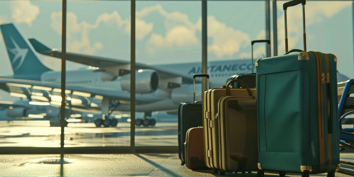 suitcases in the terminal against the background of an airplane Generative AI