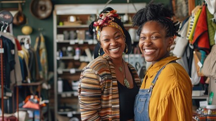 Two happy businesswomen smiling while working in a thrift store. Female entrepreneurs running an e-commerce small