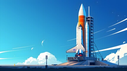 Space rocket is on launch pad before start, spaceship on blue sky background. Concept of travel, technology, science,  - obrazy, fototapety, plakaty