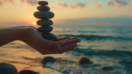 World philosophy day concept: Human hands holding balanced rocks over sunset beach background