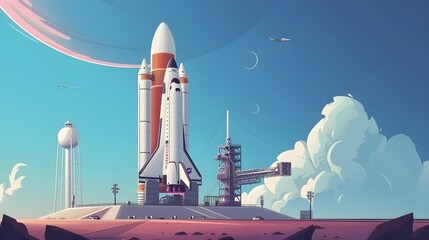Space rocket is on launch pad before start, spaceship on blue sky background. Concept of travel, technology, science,  - obrazy, fototapety, plakaty