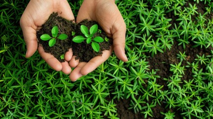 Naklejka na ściany i meble Business hands holding green plants together are the symbol of green business company. agriculture and collaboration in a green business. Ecosystem and Organization Development Cooperation.