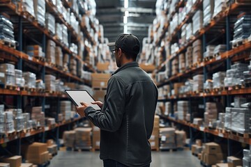 Warehouse employee using a tablet for inventory management, standing amidst rows of shelves with products, illustrating logistics technology.