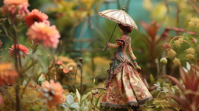 A Victorian belle with a parasol in hand walks through a garden filled with metal flowers her outfit featuring intricate floral patterns and br accents.