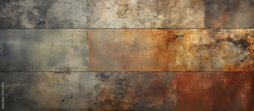 Poster this close-up view showcases a weathered brick wall with patches of rust spread across its surface. 