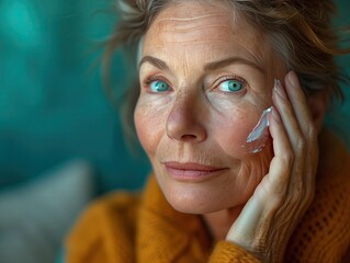 A woman with wrinkles on her face is applying skin cream