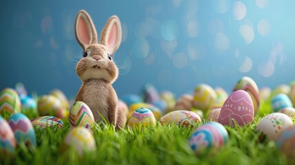 happy bunny with many easter eggs on grass festive background