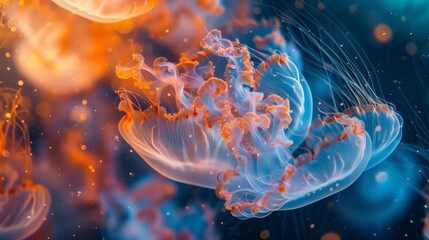 Luminous jellyfish floating elegantly in the dark depths of the ocean, with a mystical glow. - obrazy, fototapety, plakaty