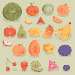 Collection of fruit tropical healthy flat style cute fruit characters, adorable citrus berry faces with noses kawaii pastel