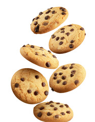 Flying Chocolate chip cookies with pieces of chocolate isolated on white background. High resolution image.